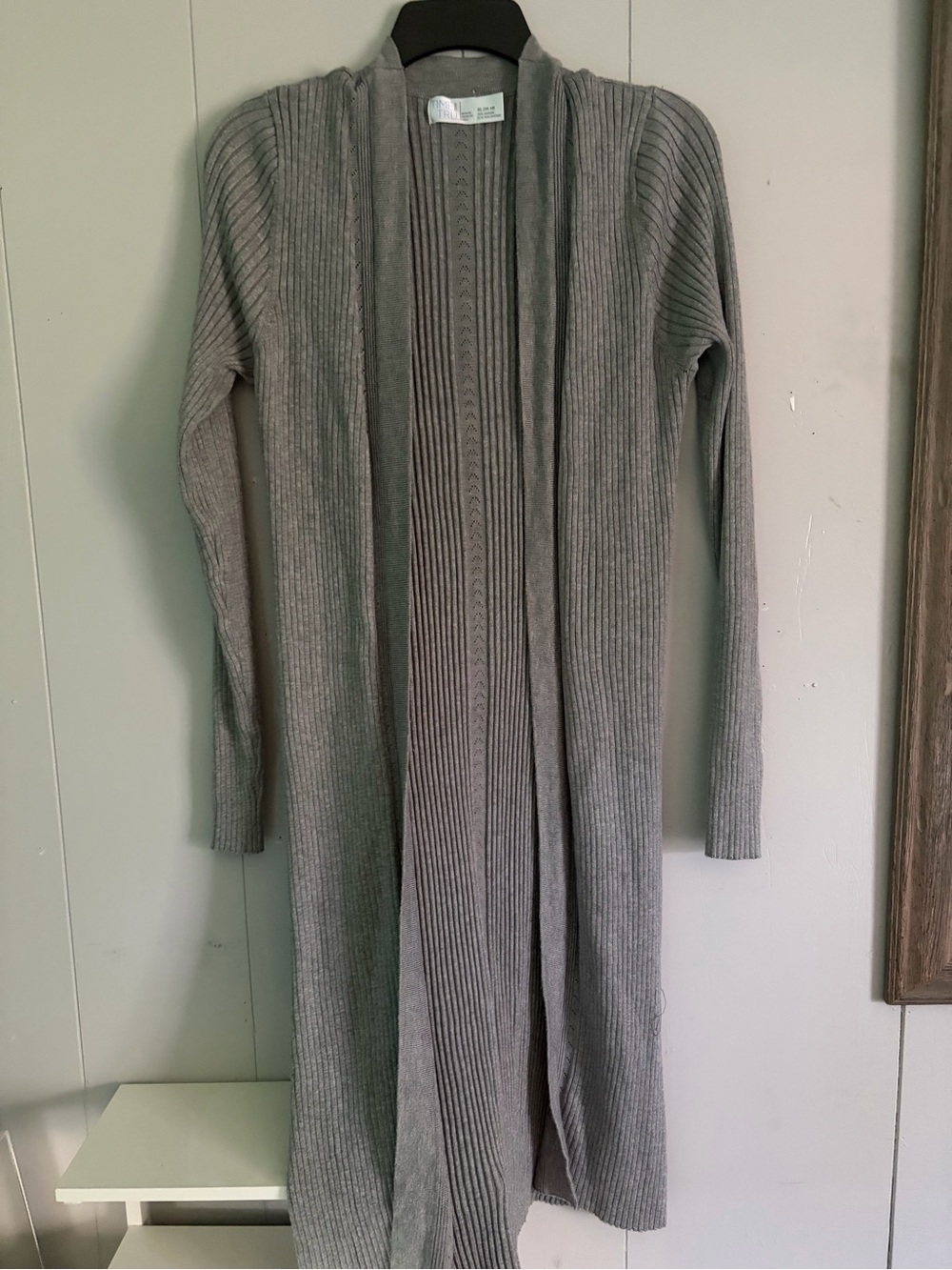 Gray Ribbed Open-Front Long Cardigan Sweater